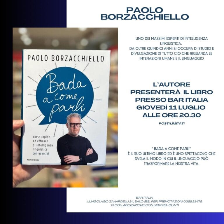 Paolo Borzacchiello presents “Bada a come parli” at Bar Italia in Salò