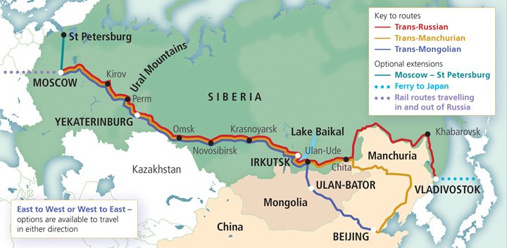 Map of the Trans-Siberian Railway routes
