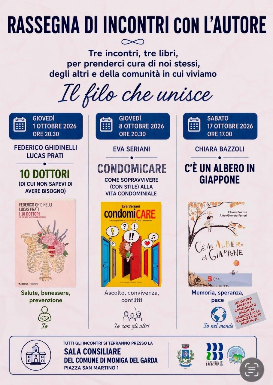 Official poster for Il Filo che Unisce, autumn 2026 literary and community encounters at the Town Hall of Moniga del Garda