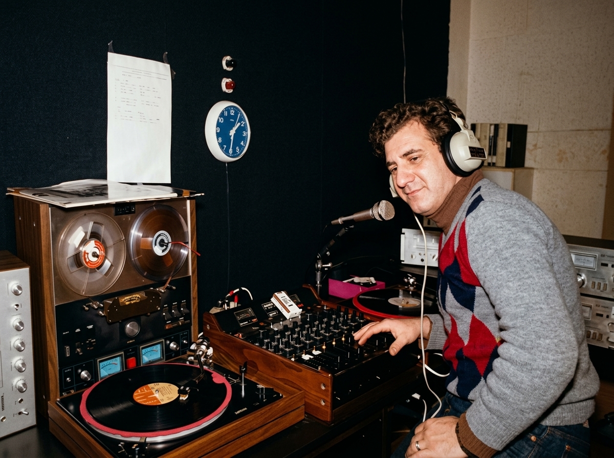 Radio Lonato DJ studio broadcast setup in 1976