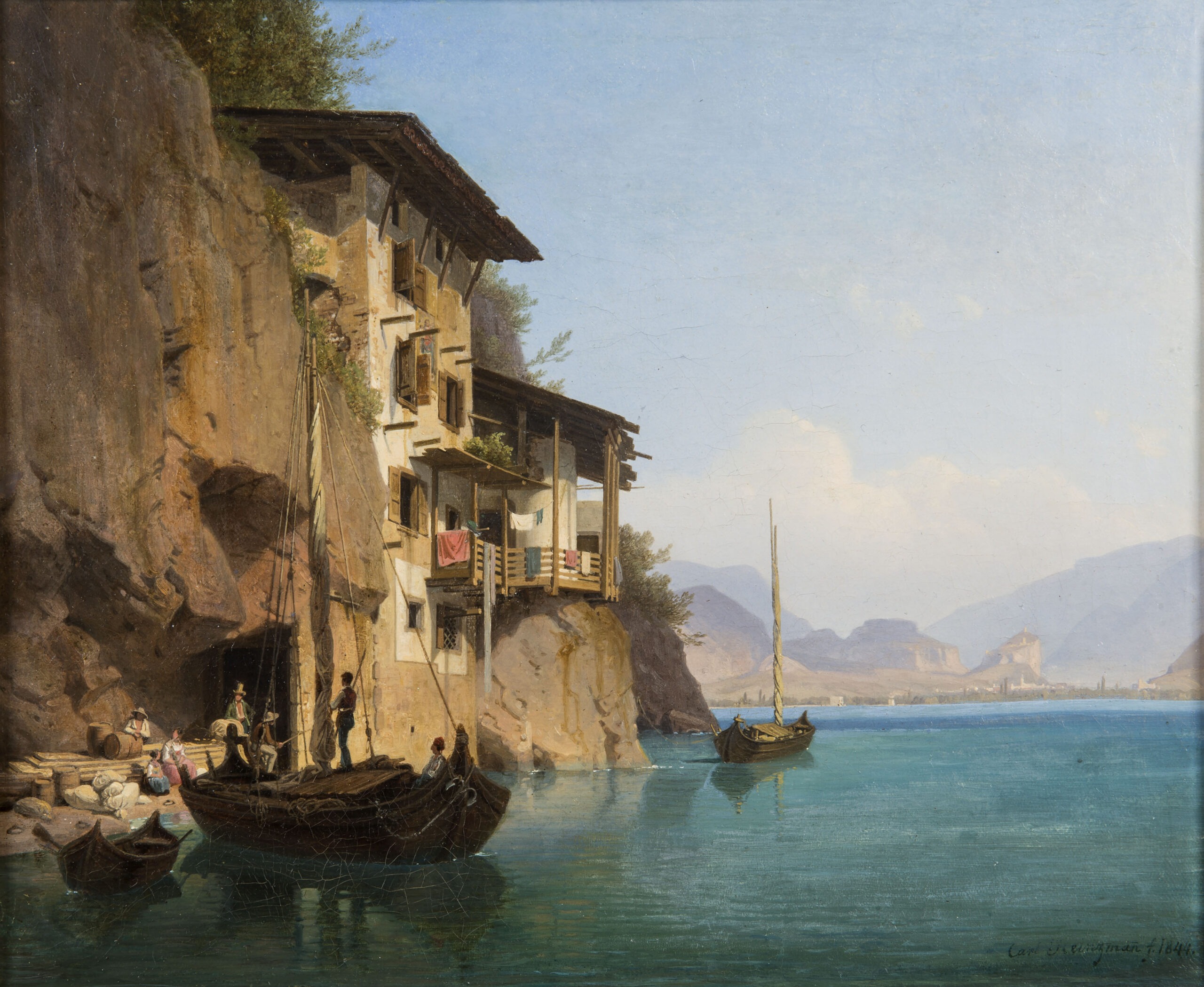 Carl Friedrich Heinzmann 1844 oil painting depicting the historic Osteria del Ponale perched over Lake Garda preserved at the MAG Museo Alto Garda
