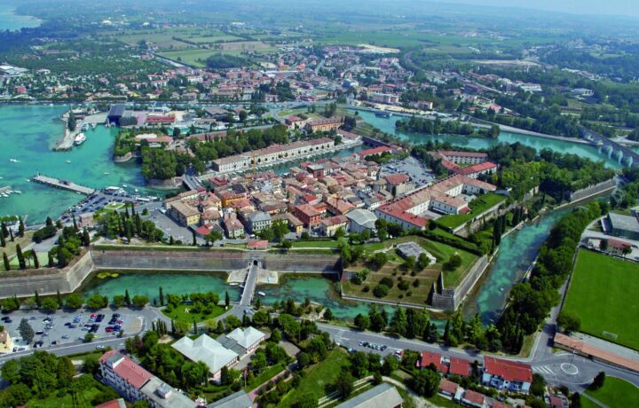 Aerial view of Peschiera del Garda Venetian fortress canals and historic Caserma La Rocca