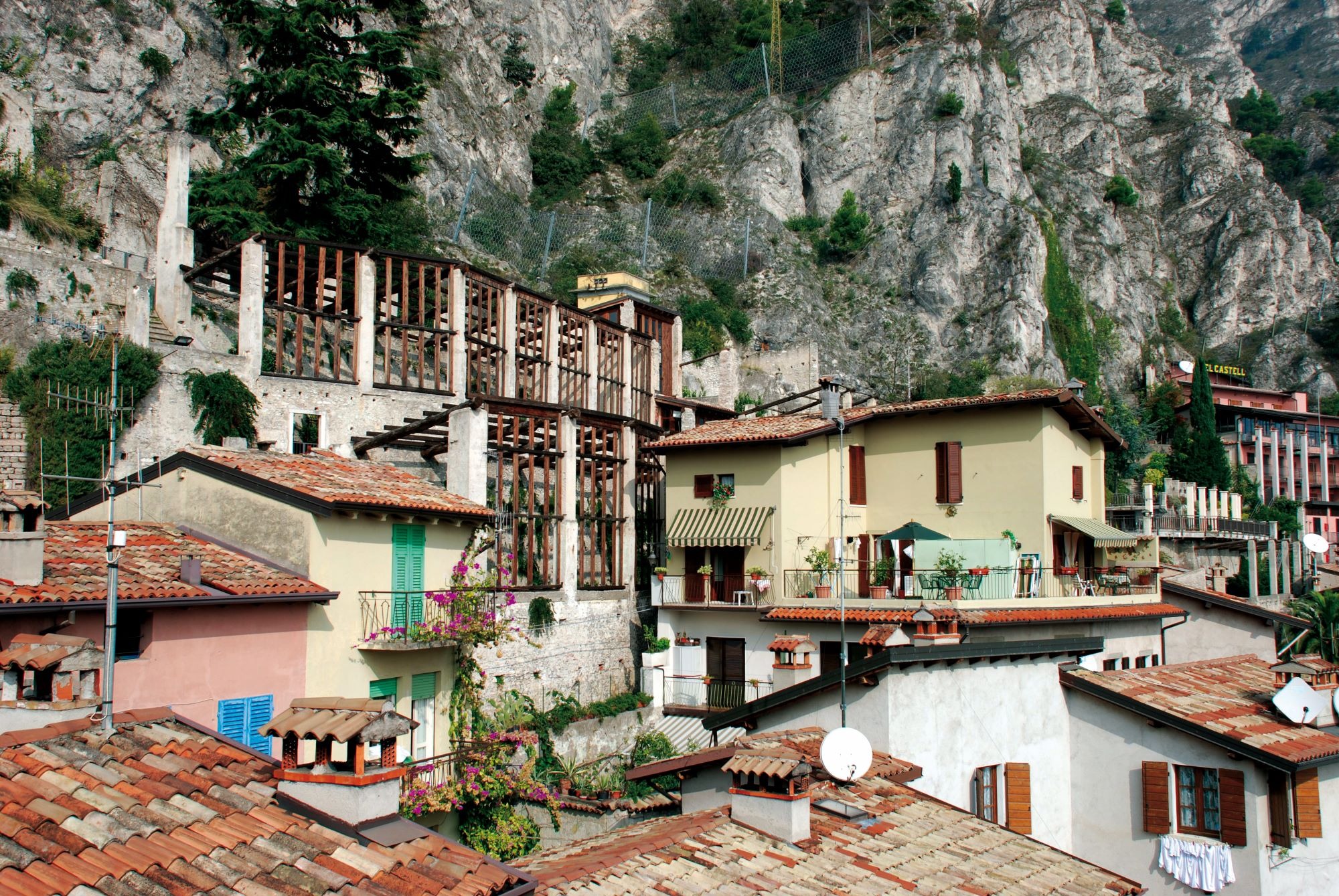 Centuries-old stone pillar lemon house and terraced olive groves overlooking Lake Garda