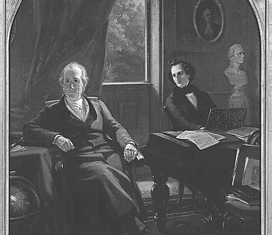 Historic portrait depicting the elderly Johann Wolfgang von Goethe conversing with the young Felix Mendelssohn in 1830