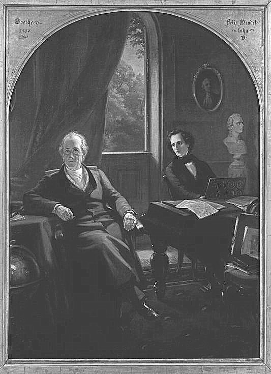 Historic portrait depicting the elderly Johann Wolfgang von Goethe conversing with the young Felix Mendelssohn in 1830