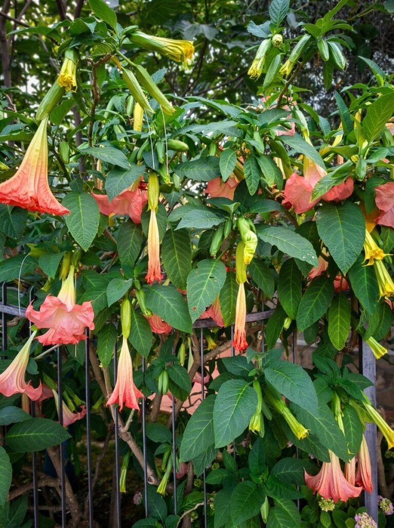 Blooming Brugmansia arborea shrub with numerous hanging trumpet flowers in a lush garden setting
