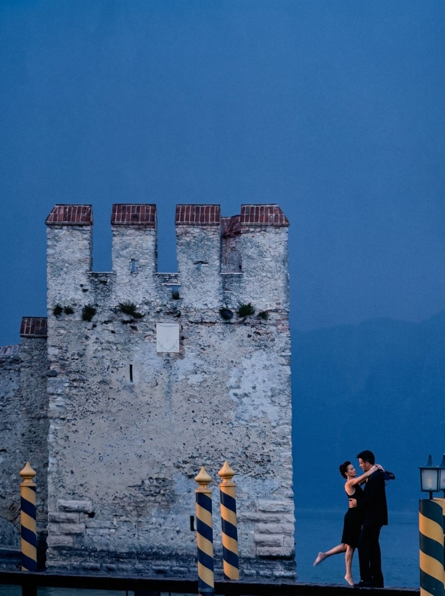 A romantic couple dancing at dusk barefoot on a wooden pier with mooring poles beside the Scaligero Castle tower in Sirmione