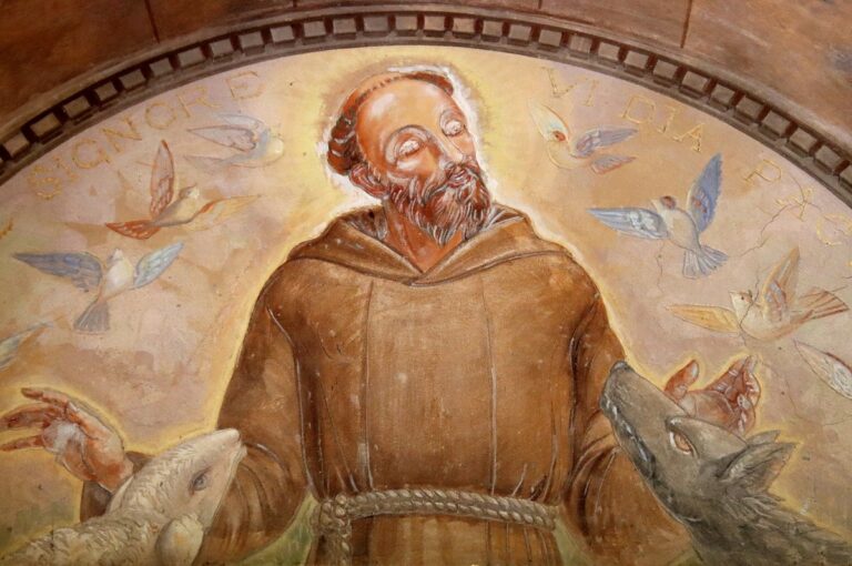 Fresco in the Capuchin Convent of Barbarano depicting Saint Francis with the wolf and the lamb inscribed Signore vi dia pace