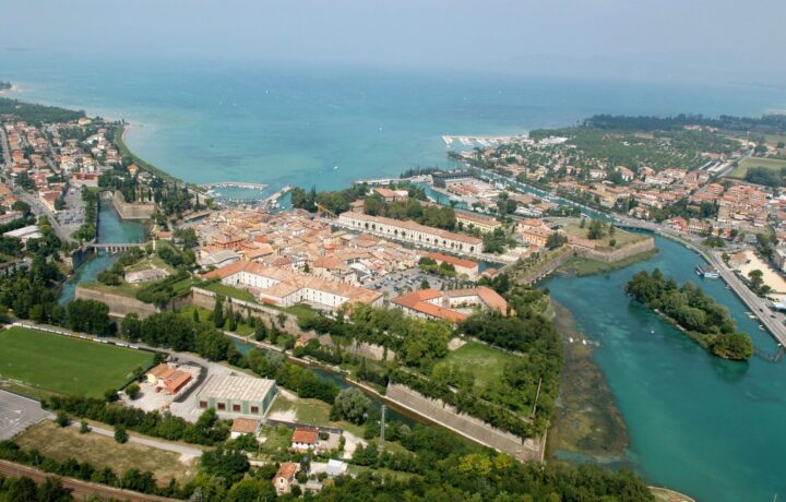 Aerial panorama of Peschiera del Garda historical fortress and lake outlet canals