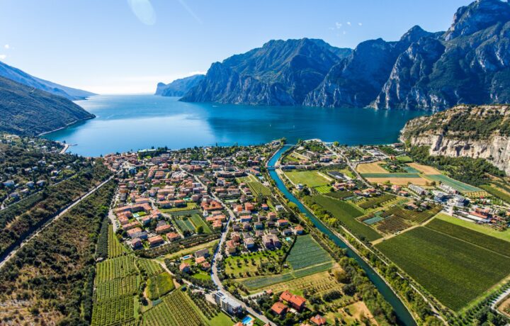 Panoramic landscape view of the Sarca river valley between Nago-Torbole and Arco leading into Lake Garda