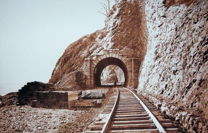 Historic tunnel hand-chiseled by Friulian stonemasons along the Trans-Siberian Railway on Lake Baikal