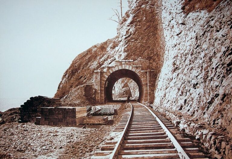 Historic tunnel hand-chiseled by Friulian stonemasons along the Trans-Siberian Railway on Lake Baikal